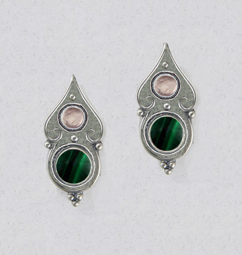 Sterling Silver Gothic Look Post Stud Earrings With Malachite And Rose Quartz